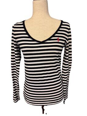 RALPH LAUREN black and white striped long sleeve pullover Size Medium EUC